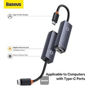 Baseus Lite Series Ethernet Adapter Type-C to RJ45 LAN Port (100Mbps Aluminum Alloy) Grey