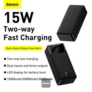 Baseus Bipow Digital Display Power Bank 30000mAh 15W Black Overseas Edition, With Simple Series Charging Cable USB to Micro 25cm Black