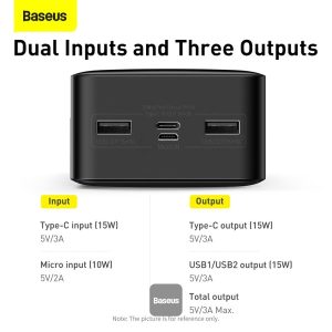 Baseus Bipow Digital Display Power Bank 30000mAh 15W Black Overseas Edition, With Simple Series Charging Cable USB to Micro 25cm Black